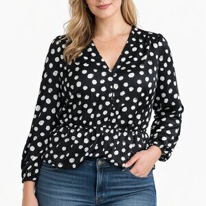 J. Crew Polka Dot V-Neck Blouse Black/White Women's 12 faux wrap peplum blouse